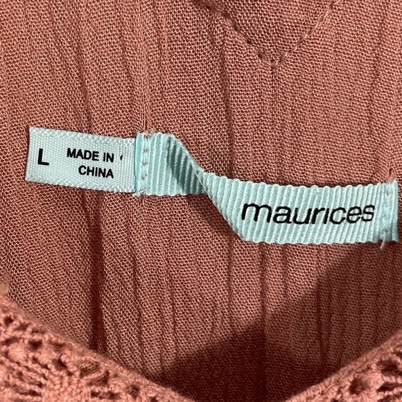 Maurices Boho Coral Rust Crochet Overlay V Neck Ruffle Sleeve Dress - Picture 6 of 13